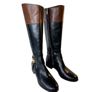 Michael Kors Black Brown Leather Two-Tone Riding Boots Gold MK Logo 11M NWT